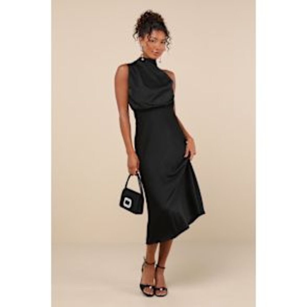 Lulu's Black Satin High-Neck Midi Dress